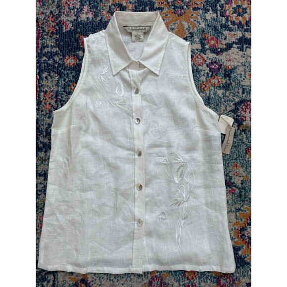 VTG Uniform John Paul Richard Sandwashed LINEN Sleeveless Blouse Embroidered -M - Picture 4 of 7